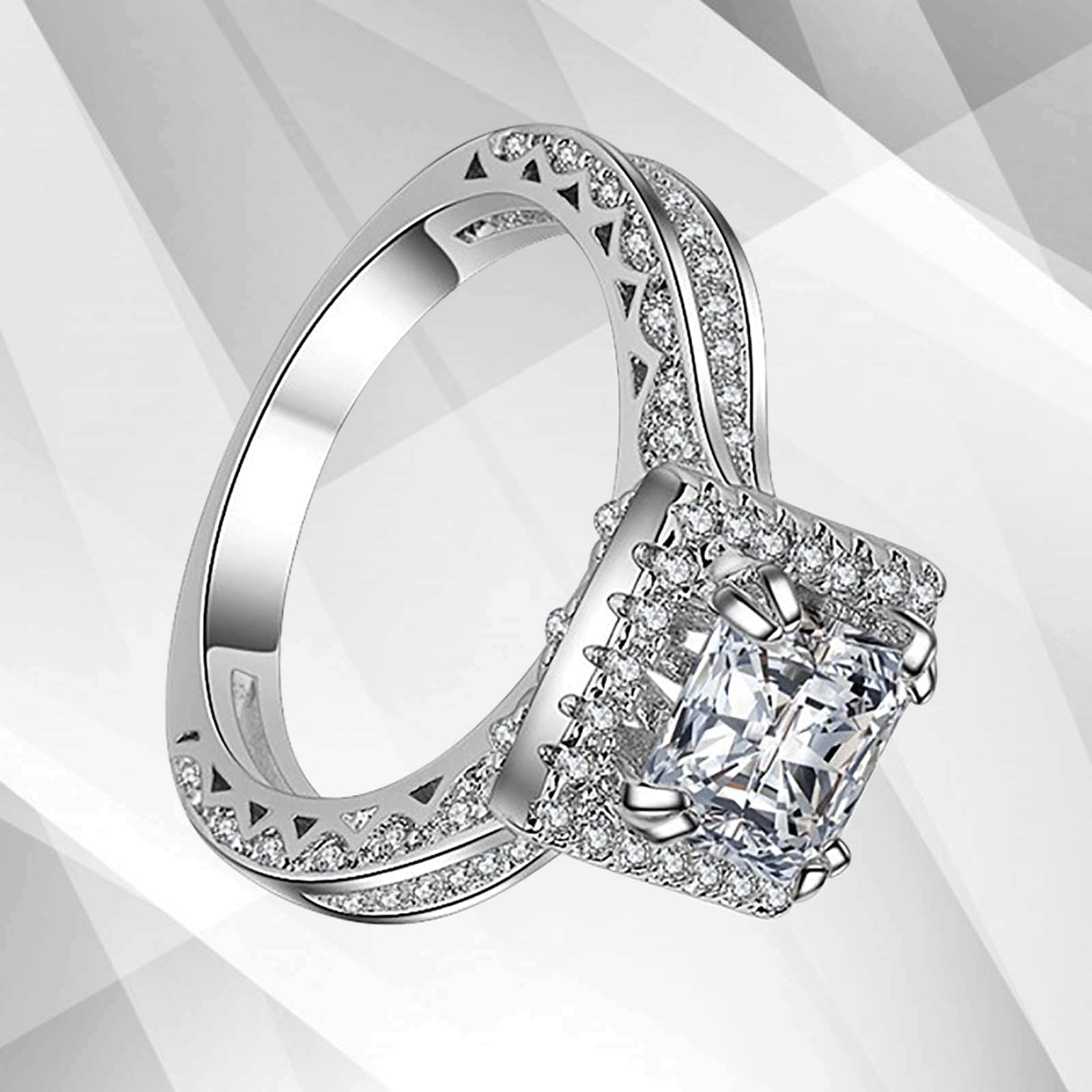 2.5Ct Princess-Cut Cushion Halo Engagement Ring in 18Ct White Gold with 94 sparkling diamonds, showcasing exquisite craftsmanship and elegance.