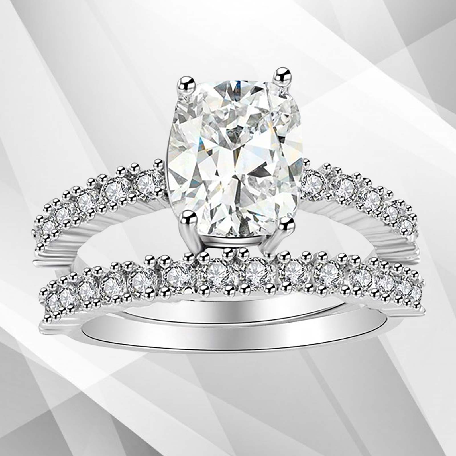 2.88Ct Diamond Solitaire Bridal Engagement Double Ring Set featuring a square cut Cambodian CZ diamond in 18Ct white gold over brass.