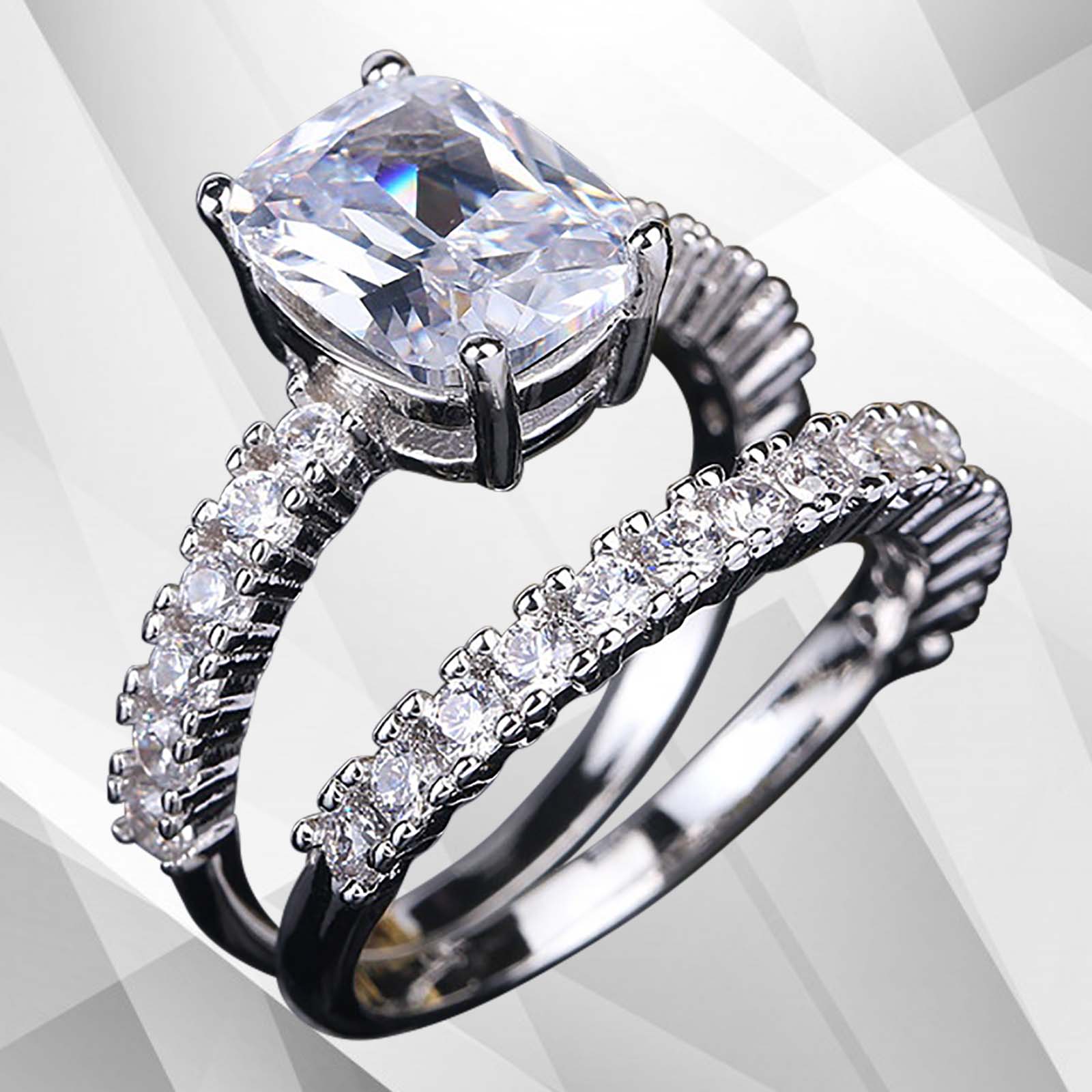 2.88Ct Diamond Solitaire Bridal Engagement Double Ring Set featuring a square cut Cambodian CZ diamond in 18Ct white gold over brass.