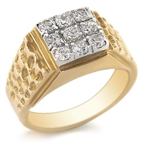2W062 Gold and Rhodium Brass Ring featuring a clear AAA Grade CZ stone, elegantly designed for any occasion.