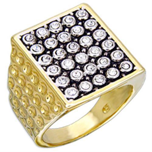 2W079 Gold and Rhodium Brass Ring featuring a clear top grade crystal centerpiece, elegantly designed for any occasion.