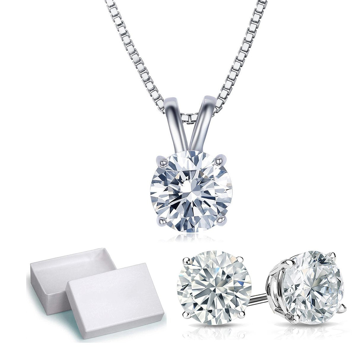 3 CTTW Round Necklace and Earrings Set by ALILY, featuring sparkling crystals set in rhodium-plated brass, elegantly displayed in a gift box.