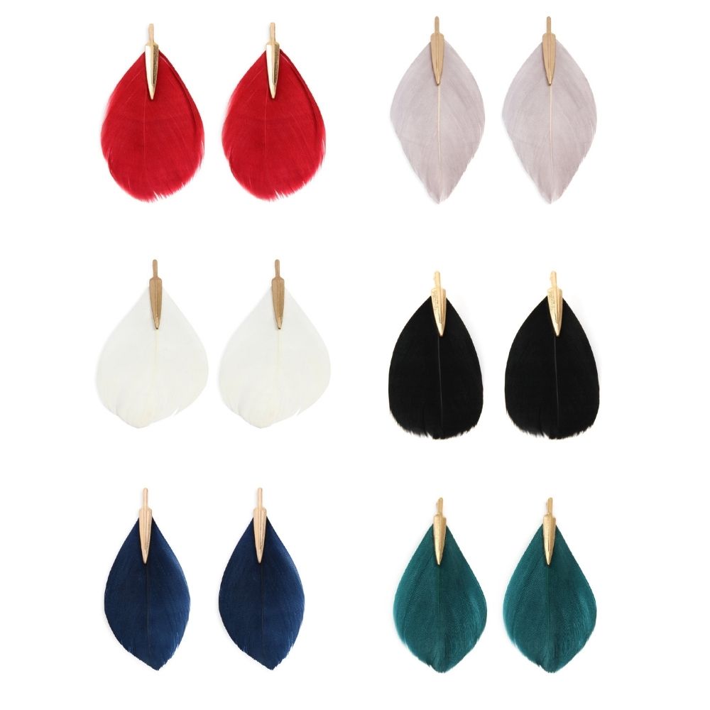 A pair of 3 inches single feather post drop dangling earrings in various colors, showcasing their elegant design and natural feather material.