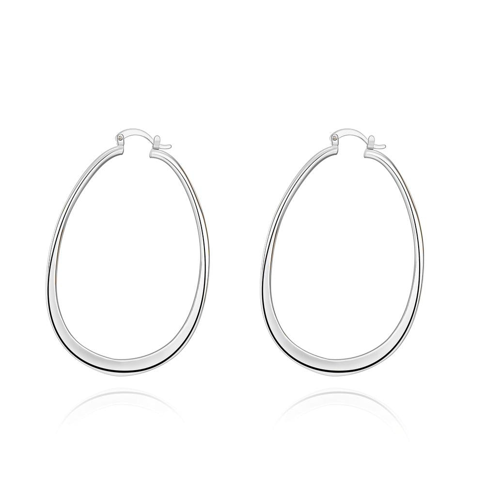 Elegant 3-inch oval hoop earrings with a French lock design, plated in 18K white gold, showcasing a shiny and sophisticated look.
