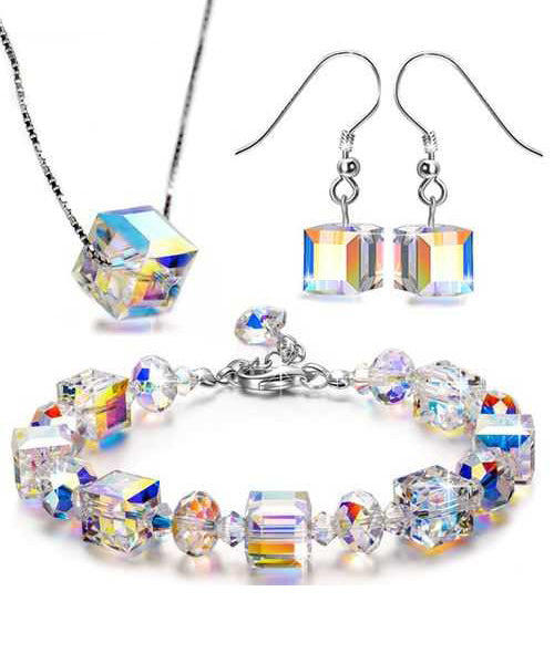 3 Piece Aurora Borilles Jewelry Set featuring ® Crystals in 18K White Gold Plating, showcasing elegant design and luxurious finish.