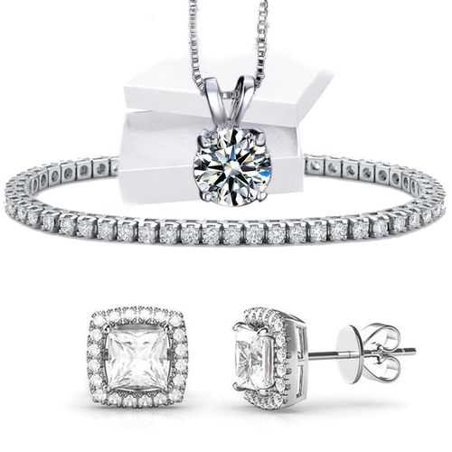 A stunning 3 Piece Halo Set featuring sparkling ® Crystals, elegantly crafted in 18K white gold plating, showcasing timeless beauty and quality.