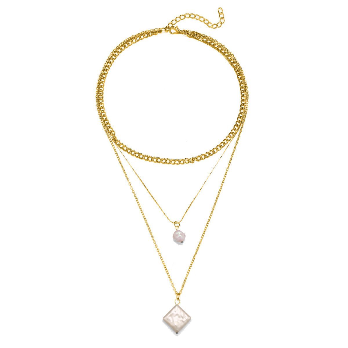 Elegant 3 Piece Pearl Linear Chain Necklace in 18K gold plating, featuring a unique linear design and a lobster clasp closure.