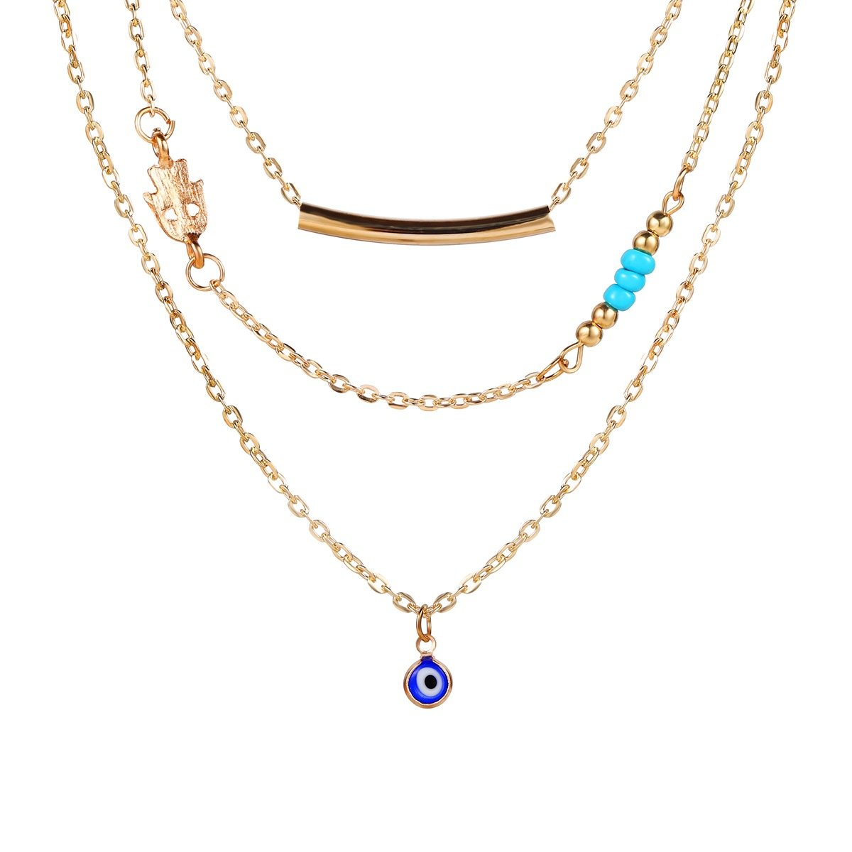 A beautiful 3 Piece Turquoise Evil Eye Necklace featuring 18K gold plating, showcasing intricate design and vibrant turquoise stones.
