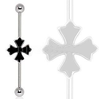 A stylish 316L industrial barbell featuring a black cross patonce design, made from durable surgical steel.