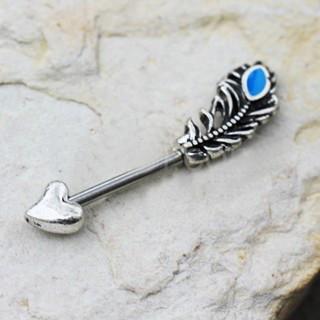 Aqua Feather Arrow Nipple Bar made of 316L stainless steel with antique finishes and vibrant aqua enamel.