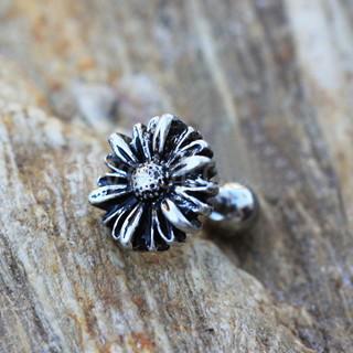 A detailed 316L stainless steel cartilage earring featuring an intricate aster flower design with an antique black plated finish.