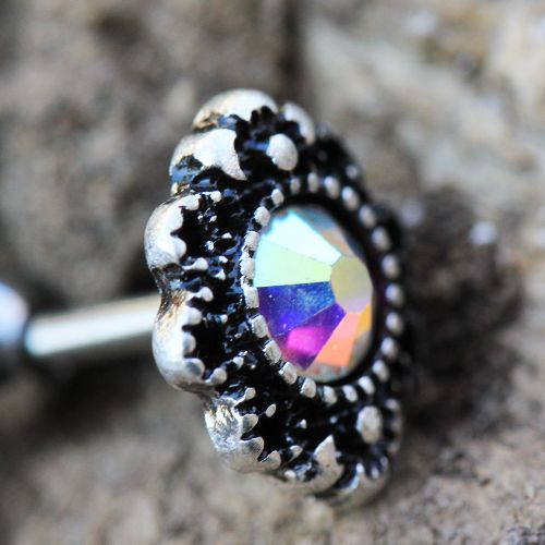 316L Stainless Steel Aurora Oval Charm Cartilage Earring featuring Aurora Borealis CZ and antique black plating.
