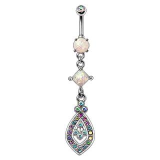 A beautiful 316L stainless steel navel ring featuring a teardrop dangle with Aurora Borealis cubic zirconia and a square white synthetic opal.