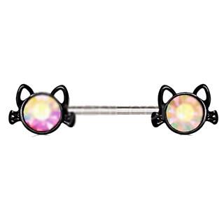 A stylish 316L stainless steel nipple bar featuring a black plated cat design with a large Aurora Borealis cubic zirconia gem.