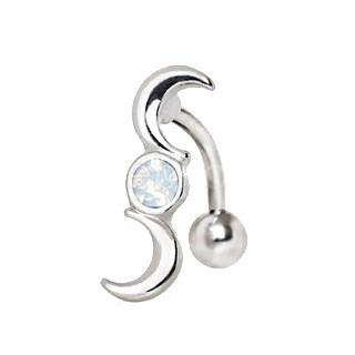 A beautiful 316L stainless steel navel ring featuring a crescent and full moon design with a white synthetic opal accent.