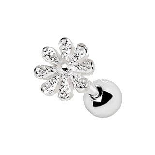 A close-up of a 316L stainless steel daisy flower cartilage earring featuring dimpled petals and a shiny finish.