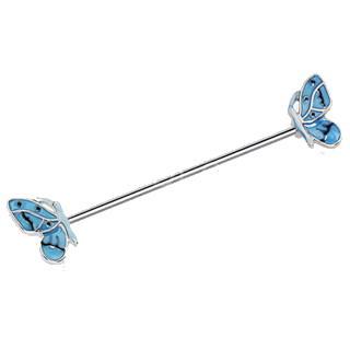 A 316L stainless steel industrial barbell featuring double blue butterflies at each end, hand-painted with enamel for a vibrant finish.