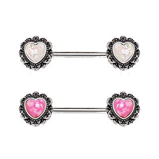 A pair of 316L stainless steel filigree nipple bars featuring colorful synthetic opal hearts with black and gold antique plating.