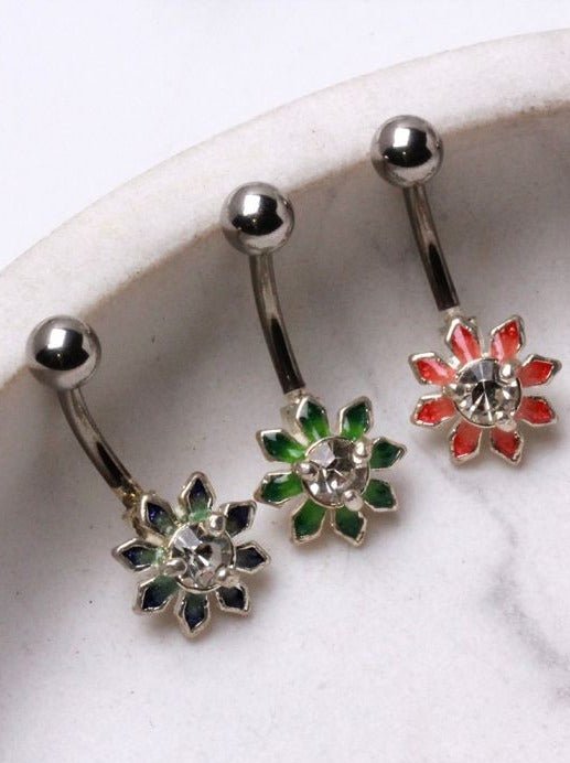 A beautiful 316L stainless steel flower navel ring featuring colorful enamel petals and a clear cubic zirconia center, perfect for body jewelry enthusiasts.