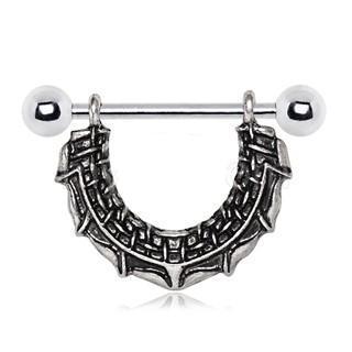 A detailed 316L stainless steel nipple shield featuring a gothic barbwire design, partially plated in black, showcasing its unique and edgy style.