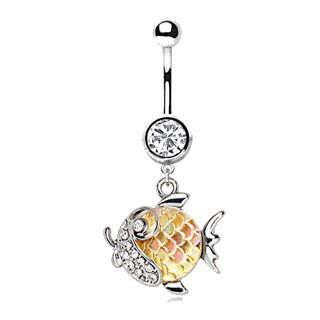 A beautifully designed 316L stainless steel jeweled gold fish dangle navel ring featuring rainbow scales and sparkling cubic zirconia accents.
