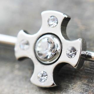 A 316L stainless steel industrial barbell featuring a medieval cross design with a clear cubic zirconia in the center, showcasing its elegant and durable construction.