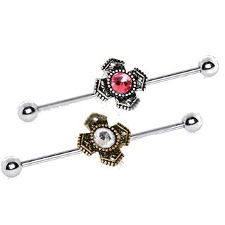 A 316L stainless steel industrial barbell featuring a medieval cross design with a large cubic zirconia stone in the center, available in antique gold and silver.