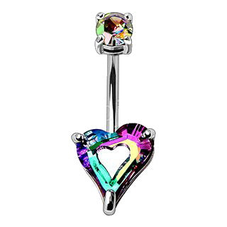 A vibrant 316L stainless steel navel ring featuring a hollow heart design adorned with rainbow-colored cubic zirconia stones.
