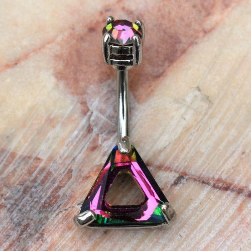 A colorful 316L stainless steel navel ring featuring a hollow triangle design with sparkling cubic zirconia stones.