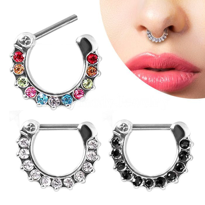 A sparkling 316L Surgical Steel CZ Gemmed Septum Clicker featuring a smooth bar and adorned with faceted 2mm cubic zirconia gems in a plated copper ring.