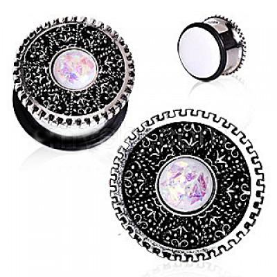 A detailed view of a 316L surgical steel steampunk ear plug featuring an intricate gear design and a vibrant synthetic opal centerpiece.