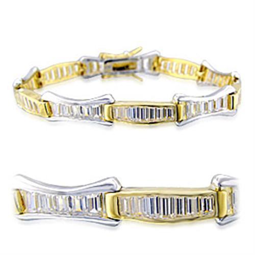 Gold and rhodium brass bracelet featuring clear AAA Grade CZ stones, elegantly designed for versatile wear.