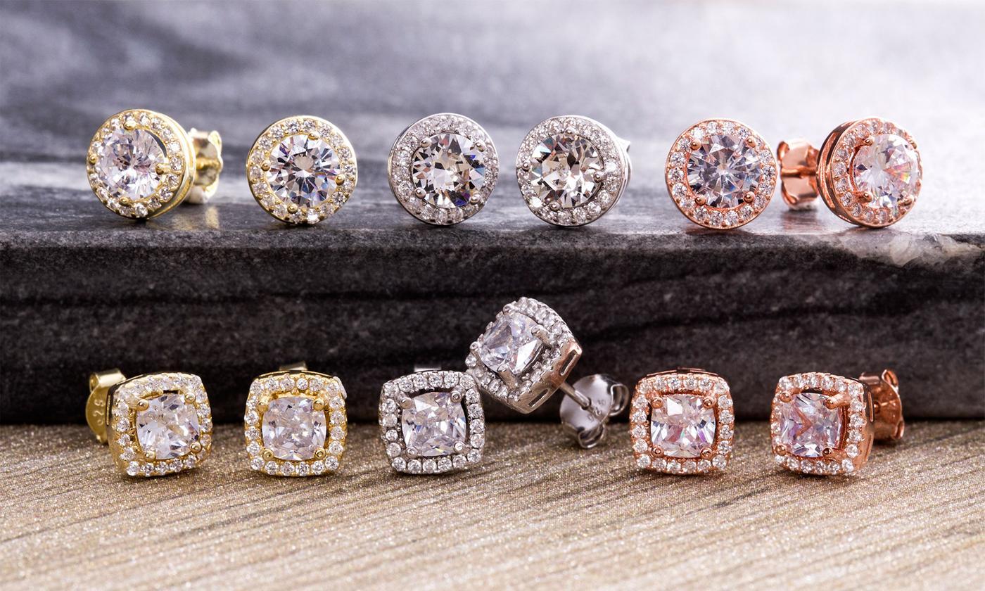 Elegant 3.44 CTTW Halo Stud Earrings featuring Austrian Elements crystals and 18K white gold plating.