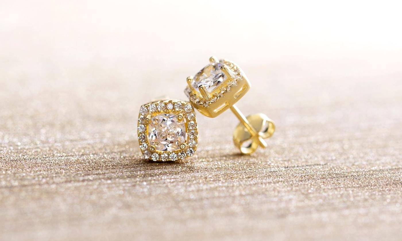 Elegant 3.44 CTTW Halo Stud Earrings featuring Austrian Elements crystals and 18K white gold plating.
