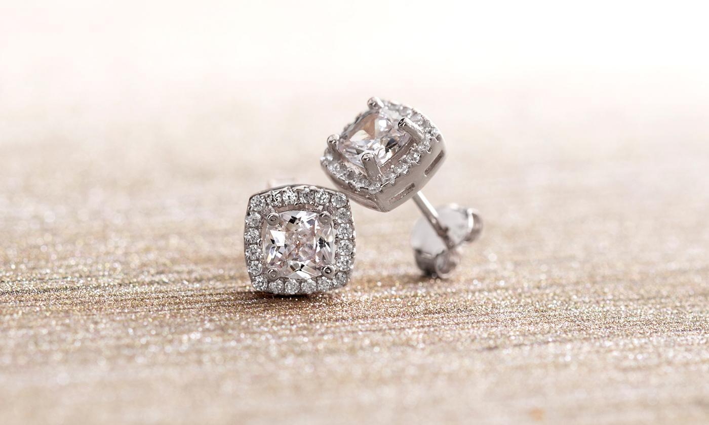 Elegant 3.44 CTTW Halo Stud Earrings featuring Austrian Elements crystals and 18K white gold plating.