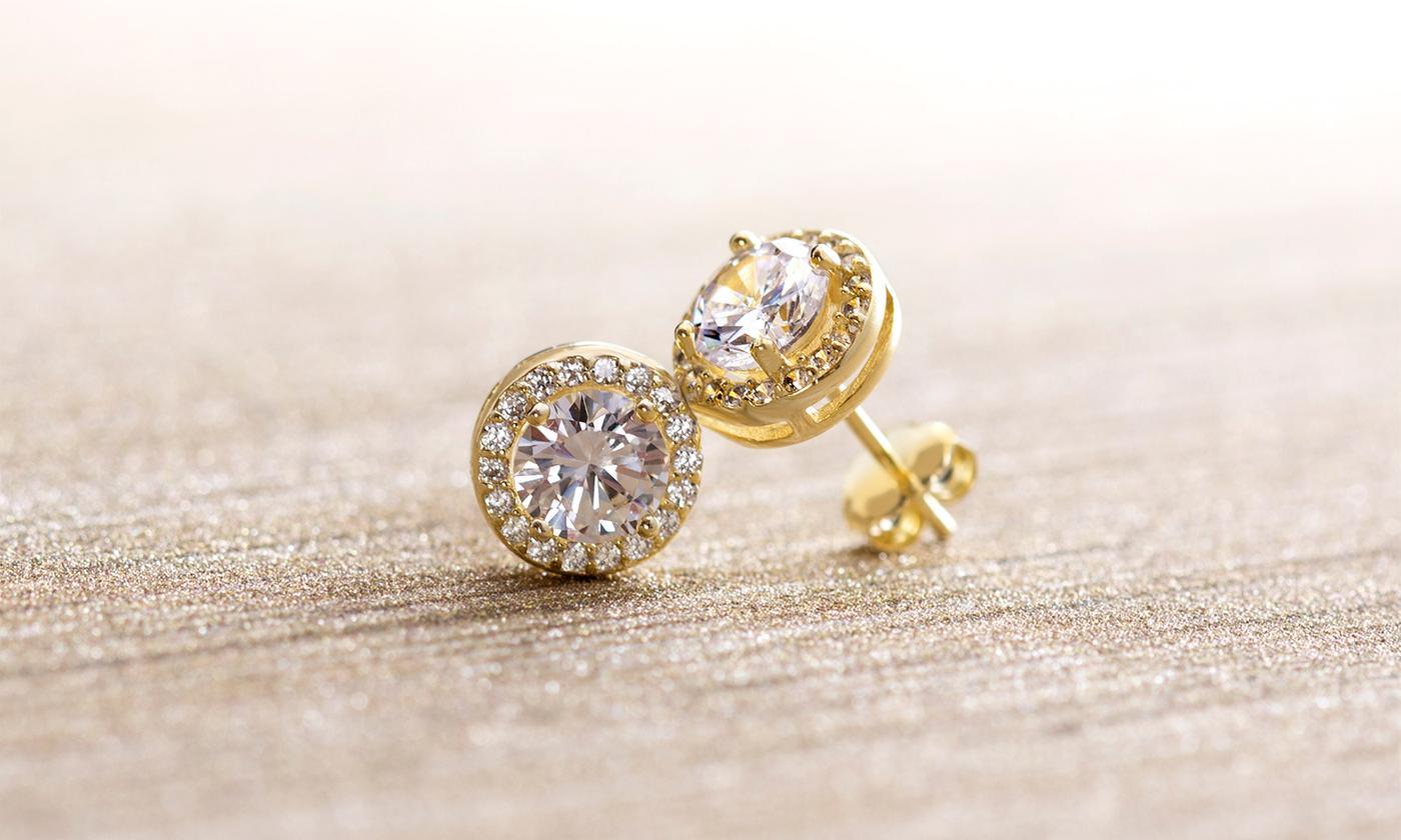 Elegant 3.44 CTTW Halo Stud Earrings featuring Austrian Elements crystals and 18K white gold plating.