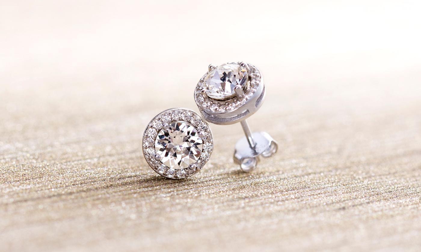 Elegant 3.44 CTTW Halo Stud Earrings featuring Austrian Elements crystals and 18K white gold plating.