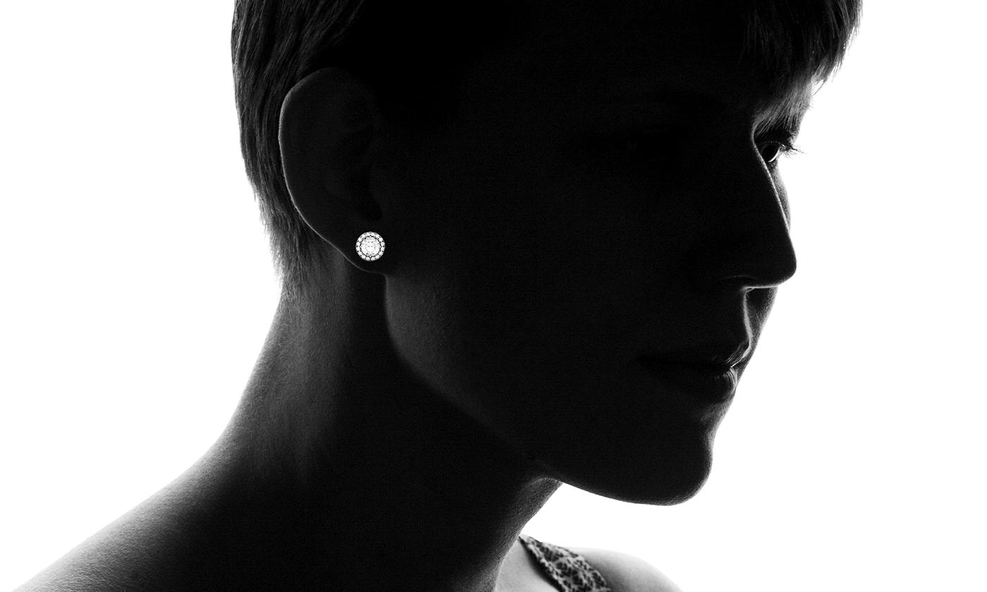 Elegant 3.44 CTTW Halo Stud Earrings featuring Austrian Elements crystals and 18K white gold plating.