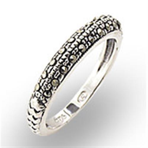 34311 Antique Tone 925 Sterling Silver Ring featuring a jet marcasite center stone, showcasing vintage elegance and craftsmanship.