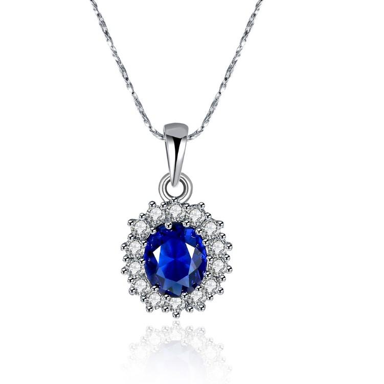Elegant 3.55 CTTW Sapphire Oval Cut Necklace set in 18K white gold plating, showcasing its stunning blue sapphire and intricate design.