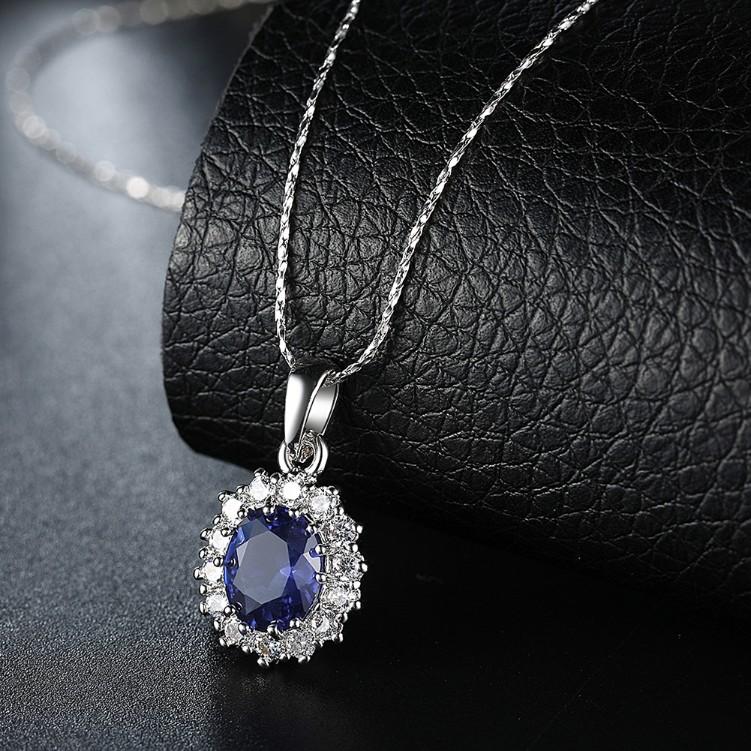 Elegant 3.55 CTTW Sapphire Oval Cut Necklace set in 18K white gold plating, showcasing its stunning blue sapphire and intricate design.