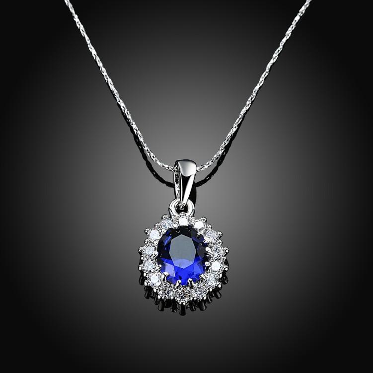 Elegant 3.55 CTTW Sapphire Oval Cut Necklace set in 18K white gold plating, showcasing its stunning blue sapphire and intricate design.