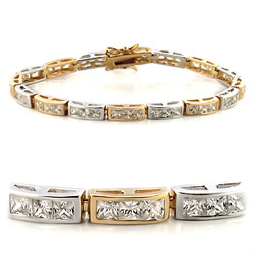 Gold and rhodium brass bracelet featuring a clear AAA Grade CZ stone, elegantly designed for versatile wear.