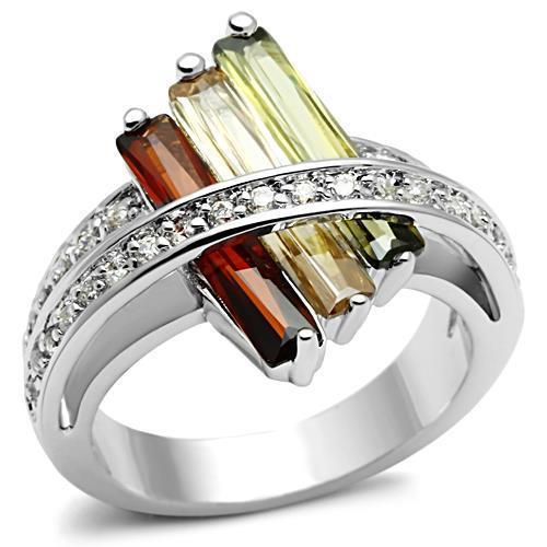 3W025 Rhodium Brass Ring featuring AAA Grade CZ in vibrant multi colors, showcasing its elegant design and luxurious finish.