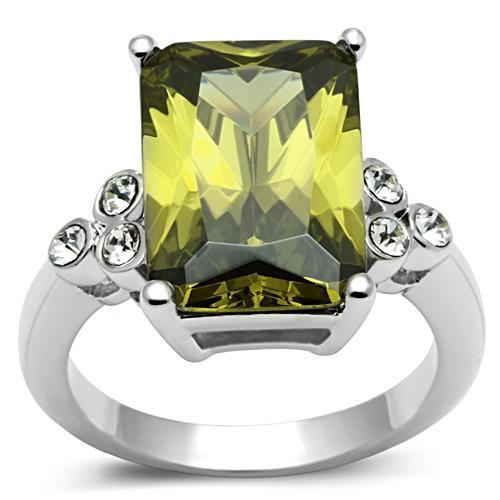 3W029 Rhodium Brass Ring featuring AAA Grade CZ in Olivine color, showcasing its elegant design and sparkling center stone.
