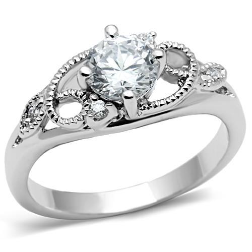 3W034 Rhodium Brass Ring featuring a clear AAA Grade CZ center stone, elegantly designed for versatile wear.