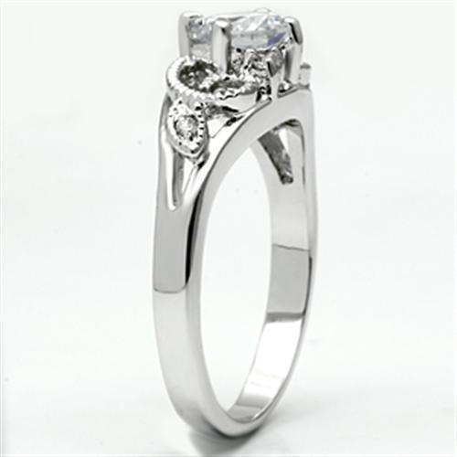 3W034 Rhodium Brass Ring featuring a clear AAA Grade CZ center stone, elegantly designed for versatile wear.