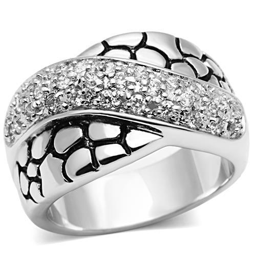 3W037 Rhodium Brass Ring featuring a clear AAA Grade CZ stone, showcasing its elegant design and shiny finish.