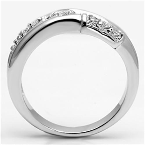 3W049 Rhodium Brass Ring featuring a clear AAA Grade CZ stone, showcasing its elegant design and shiny finish.