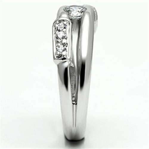 3W049 Rhodium Brass Ring featuring a clear AAA Grade CZ stone, showcasing its elegant design and shiny finish.
